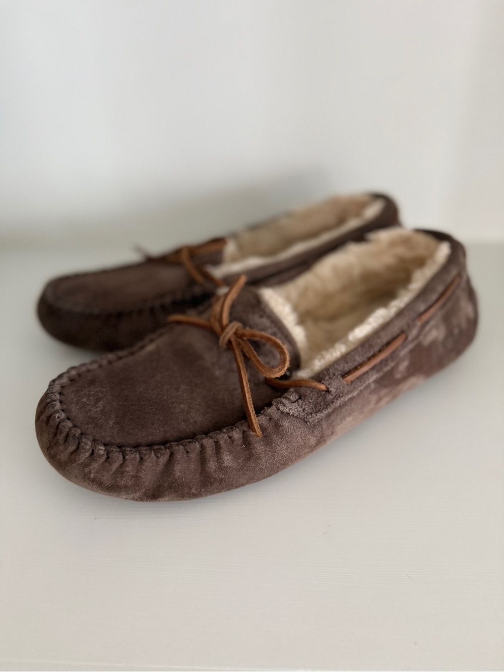 UGG Brown Suede Shearling Moccasins with Leather Bow - Picture 4 of 7